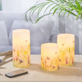 LED-Echtwachskerzen mit Blumenwiese, 3er Set 